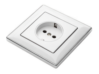 Modern white electrical outlet with chrome trim, isolated on black background, close-up view showing detail