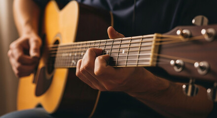 Fototapeta premium Man plays acoustic guitar, focused on music.