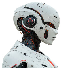Futuristic Female Robot Head and Shoulders Profile View White and Red Design, isolated on a transparent background
