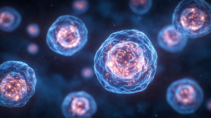 glowing blue tones, abstract representation of chemotherapy drugs targeting dividing cancer cells in bloodstream