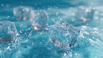 Obraz premium Several ice cubes land in aqua water, creating a splash with droplets suspended in the air