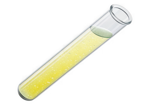 Glass test tube filled with yellow liquid, bubbles, science experiment