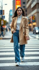 Obraz premium A panasian beauty fashion girl walking directly toward camera on modern city zebra crossing, wearing wide-leg jeans, beige oversized blazer, wearing the white sneakers and tucked white turtleneck.