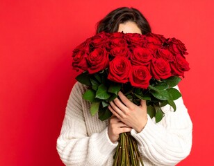 Woman Concealed by a Lush Bouquet of Red Roses