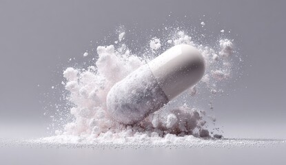 A white capsule bursts, releasing a cloud of fine white powder against a neutral grey backdrop.  The image emphasizes the disintegration and dispersal of the capsule's contents