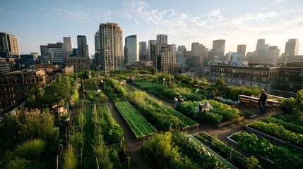 Obraz premium Lush rooftop vegetable garden amid a city skyline
