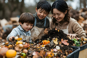 Family composting activity outdoors