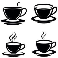 Four Black and White Coffee Cup Icons with Saucers and Steam, Illustration
