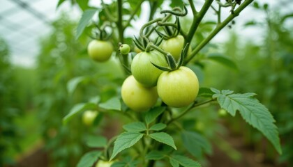 Close-up view of unripe tomatoes on a plant.