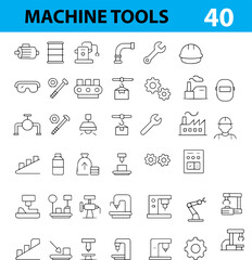 Fototapeta premium Machine Tool and Industrial Equipment Line Icons, Wrench, Gear, Drill, CNC, Toolbox, Lathe, Robot Arm, and More