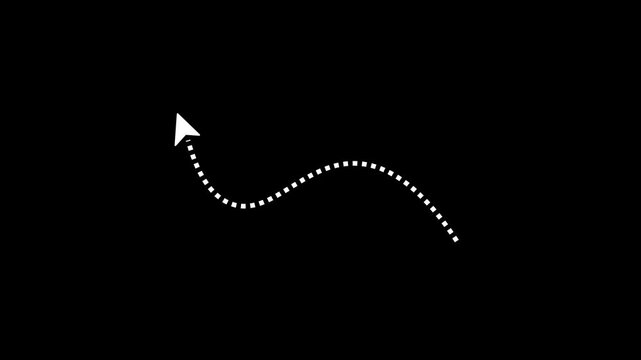 arrow animation following wavy dotted line, white arrow 4k video