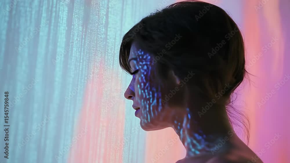 Poster digital data stream overlay on silhouette of a person in an artistic representation of technology, d
