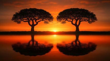 Sunset reflection silhouette trees