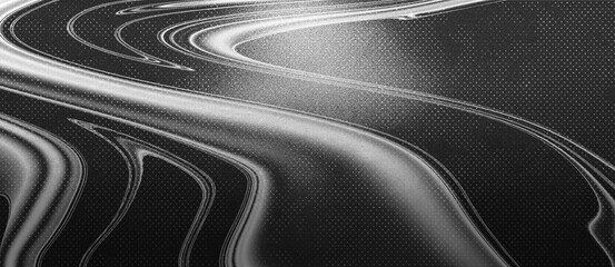 Monochrome abstract illustration with smooth curved lines and flowing wave patterns in black and white tones.