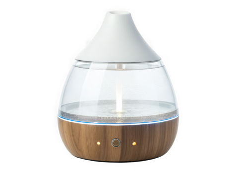 Modern wooden and glass ultrasonic humidifier with LED light, diffusing moisture
