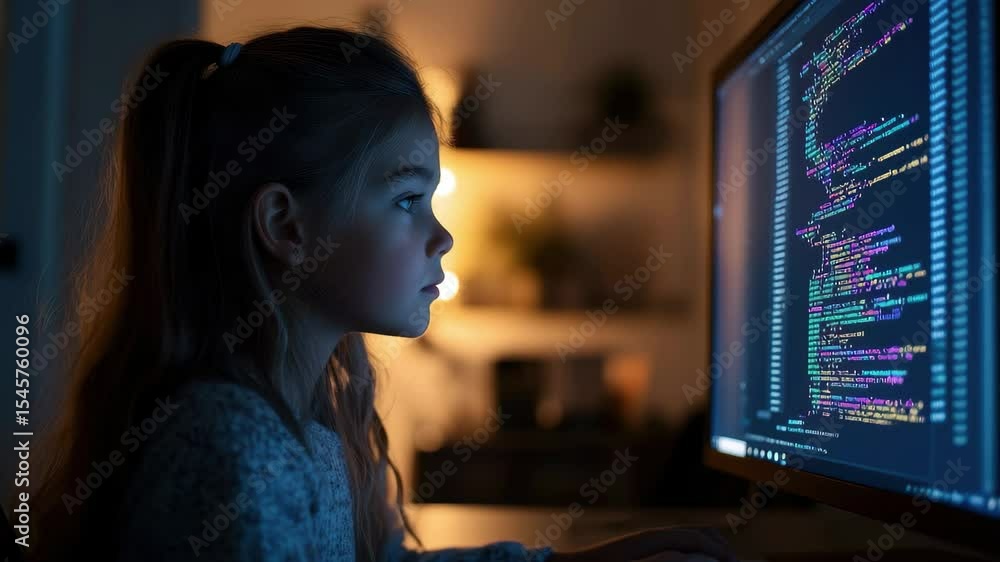 Poster young girl immersed in coding while focused on computer screen in a dim room, young girl focused on 