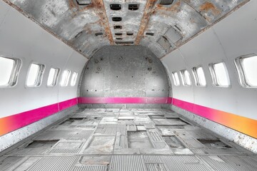 Abandoned Airplane Interior: Gray Metal Wreckage with Pink and Orange Accents