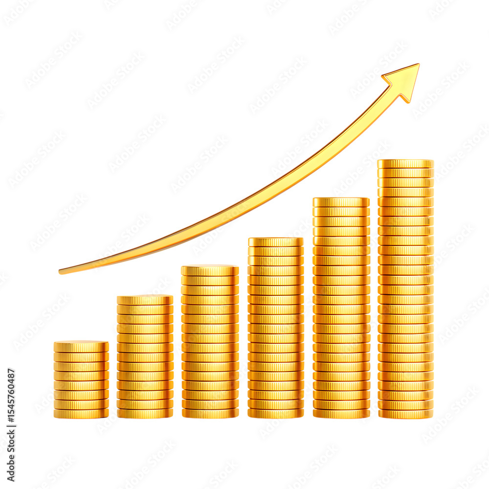 Poster gold coin stacks growing graph upward arrow isolated on transparent background