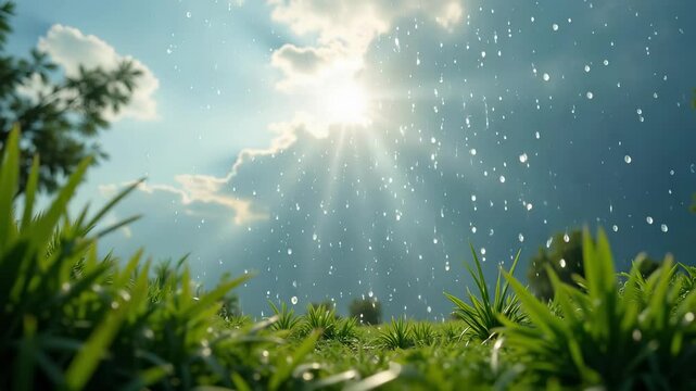 Gentle soft rain falling under a partly cloudy sunlit sky with light catching raindrops 4k footage