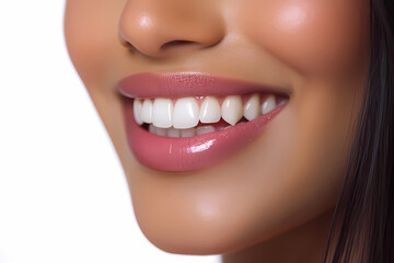 a closeup photo portrait of a beautiful young asian indian model woman smiling with clean teeth. used for a dental ad. isolated on white background.