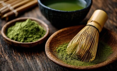 A close-up shows matcha powder in bowls, a bamboo whisk, and a bowl of prepared matcha tea on a dark wooden surface