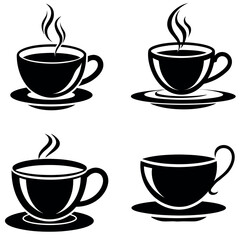 Four Black and White Illustrations of Coffee or Tea Cups with Saucers