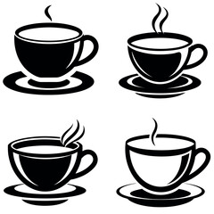 Four Black and White Coffee Cup Icons with Steam on Matching Saucers