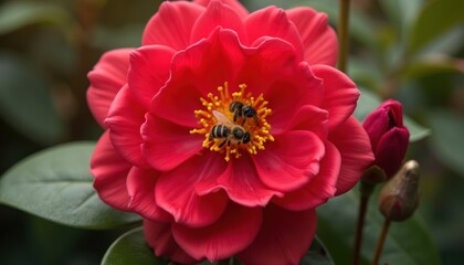 Fototapeta premium Vibrant crimson flower with busy bees.