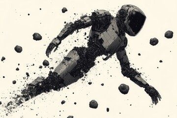 Astro-robot exploring the cosmic void while navigating through floating asteroids in deep space