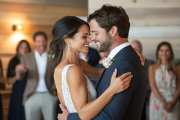 Bride and groom share first dance at wedding - intimate moment, surrounded by guests, soft lighting, elegant attire, romance in the air.