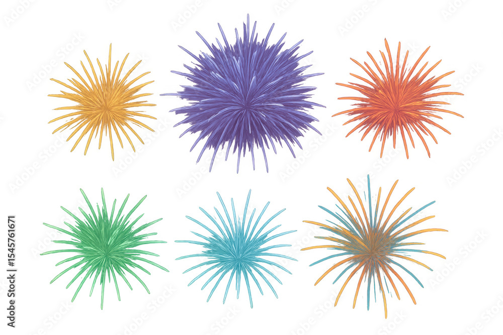 Poster set of colorful fireworks exploding on transparent background, perfect for celebrations and festive 