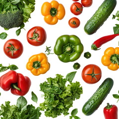 Fresh vegetables healthy food colorful peppers tomatoes cucumbers broccoli lettuce basil isolated on a transparent background
