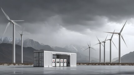 Remote hydrogen storage facility with wind turbines in the background