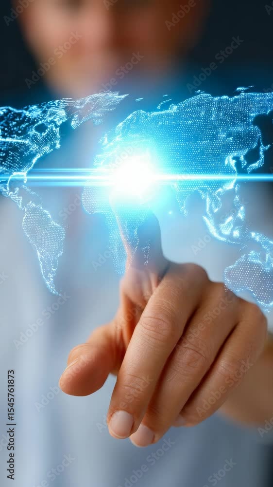 Poster close up of a hand reaching towards a glowing world map symbolizing global connectivity and digital 