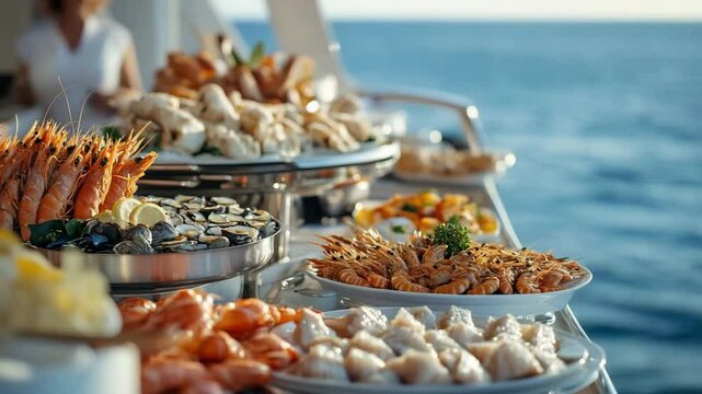 Seafood buffet featuring fresh shrimp, clam, oyster, and shellfish served on boat by ocean, creating vibrant and appetizing outdoor dining experience