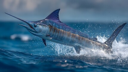 Fototapeta premium Blue marlin leaping out of the water in a dramatic arc