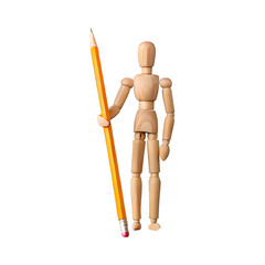 Wooden mannequin holding a pencil on a transparent background