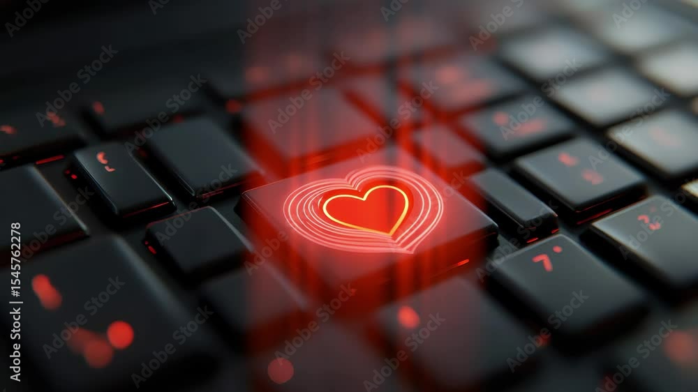 Poster heart sign key on black computer keyboard illuminated in soft lighting, ð¡omputer keyboard with the 