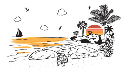 ocean shore with sail vector sketch. palm trees and orange sunset