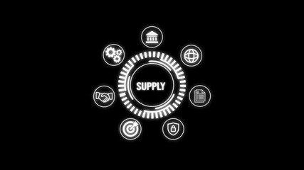 Futuristic digital interface highlighting supply chain components including security, partnership, logistics, goals, and global connectivity in a circular network with glowing neon icons . - Powered by Adobe