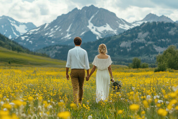 Fototapeta premium A couple walking through a field of flowers.