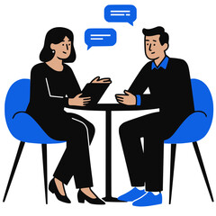 Contemporary vector illustration depicting a professional interaction or dialogue between two people. With stylized figures and speech bubbles