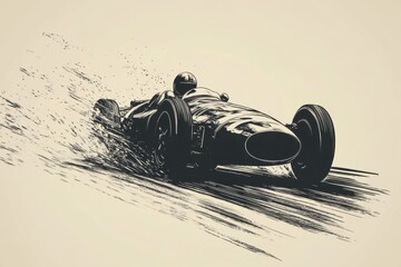 Vintage race car speeding down the track during a motorsport event in a modern artistic style