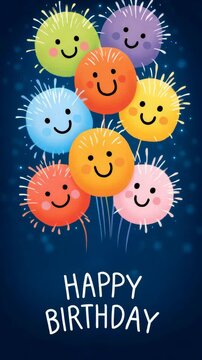 Colorful Balloons With Smiling Faces Celebrating Happy Birthday Against Dark Background
