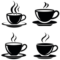 Four Black and White Steaming Coffee Cup Graphics with Saucers on a White Background