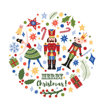 Сhristmas circle composition in Scandinavian style with traditional Christmas and New Year elements. Сute motifs from the ballet Nutcracker. Vector template. Retro design. Gift boxes