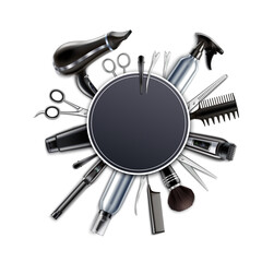 set of hair accessories, set of hair accessories, hairdresser logo, Various hair dresser tools, hairdresser tools