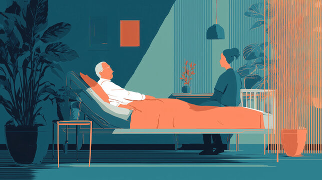Illustration of Elderly Man in Hospital Bed with Caregiver. End-of-Life Care and Support.