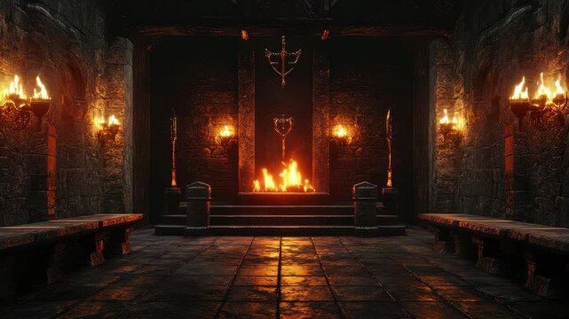 Medieval chamber with flickering torches and stone walls featuring a central fire, Medieval Chamber with Torches seamless ing background