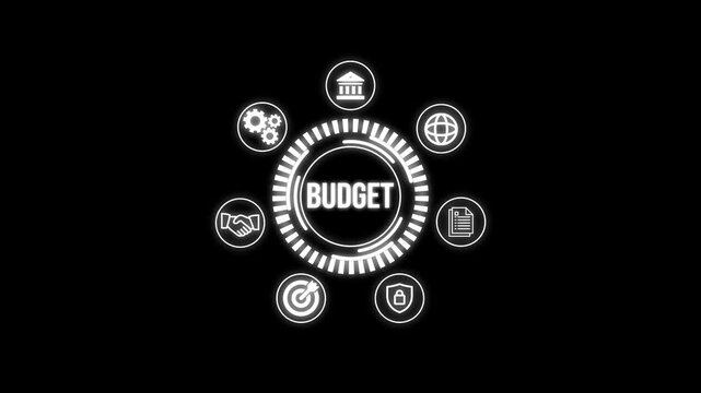 High-tech digital interface representing ASP.NET-powered BUDGET featuring neon icons for security, goals, documents, and global connectivity on a dark futuristic background.